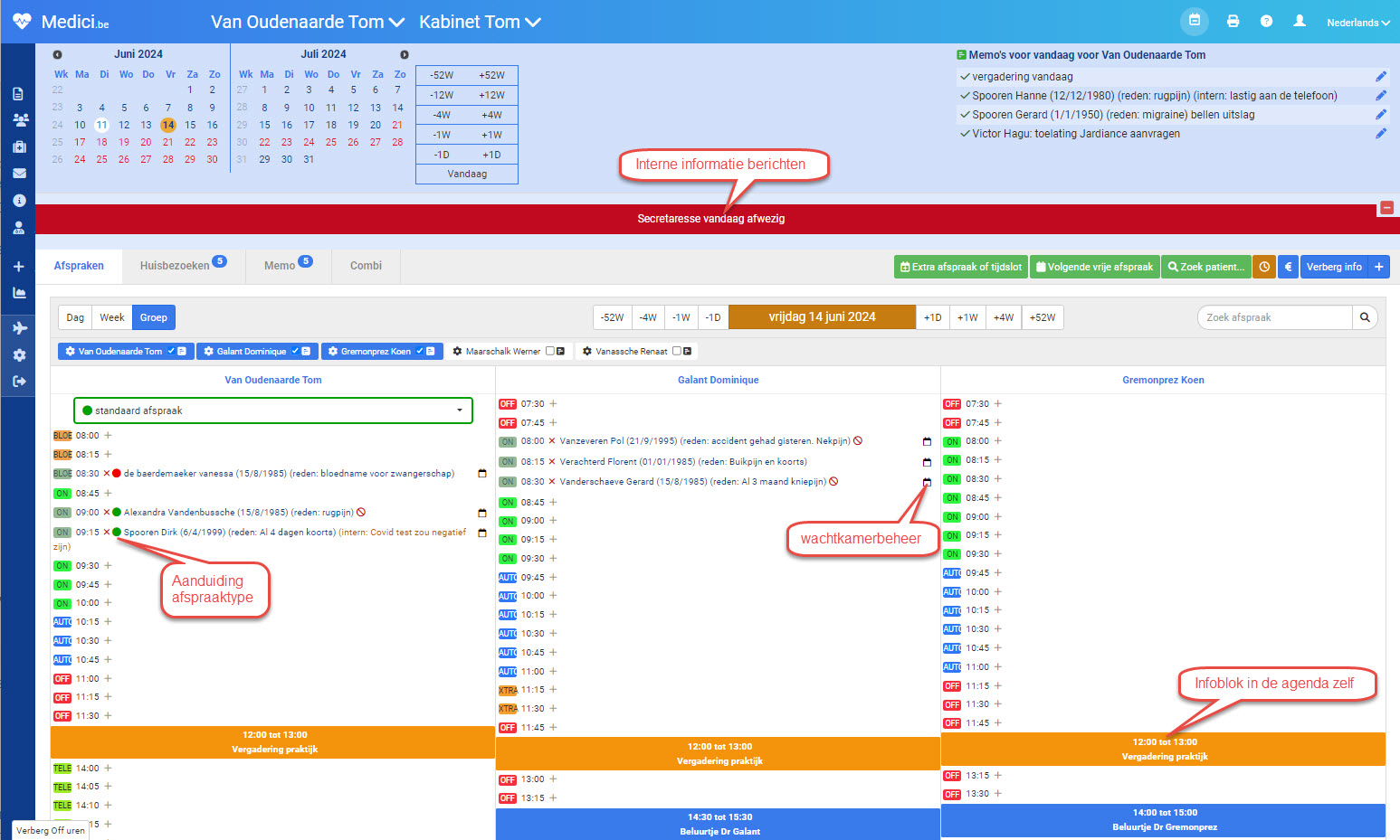 Screenshot afsprakenmodule: agenda met groepsoverzicht