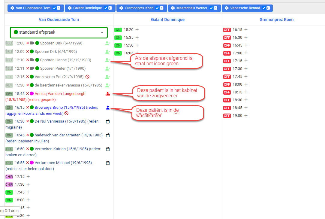 Screenshot afsprakenmodule: agenda met groepsoverzicht