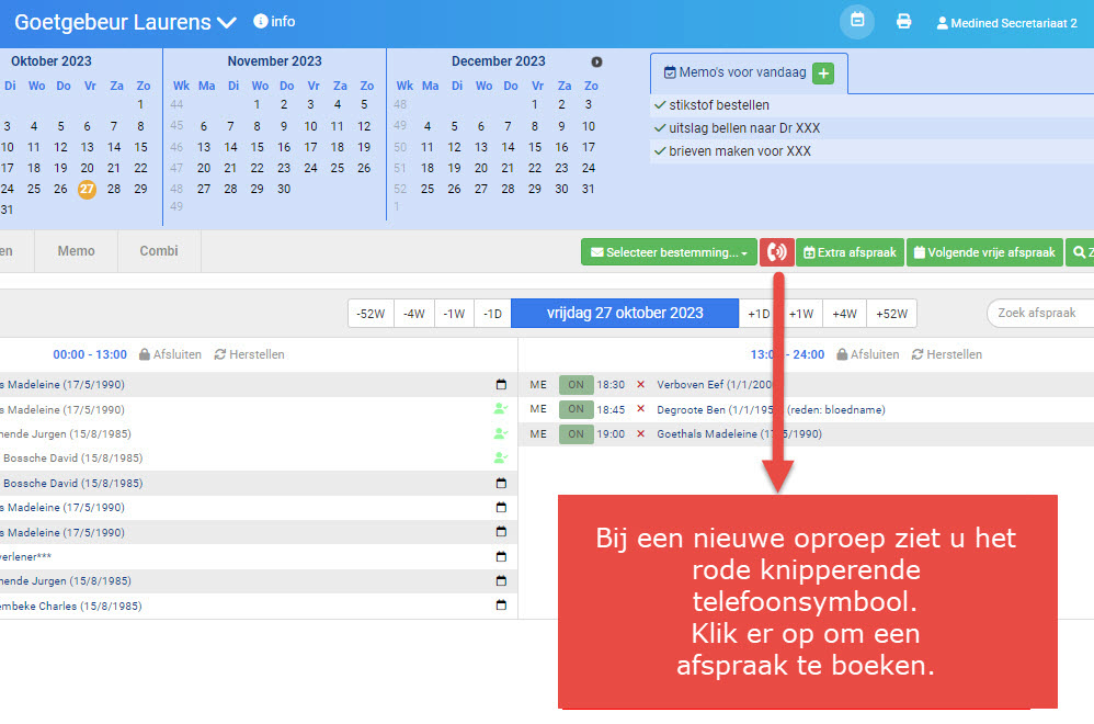 Screenshot afsprakenmodule: agenda met groepsoverzicht